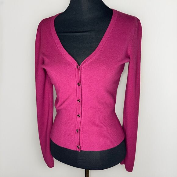 Vintage Y2K Ann Taylor Loft Pink Jewel Button Knit Cardigan Sweater Small Preppy - Picture 1 of 10